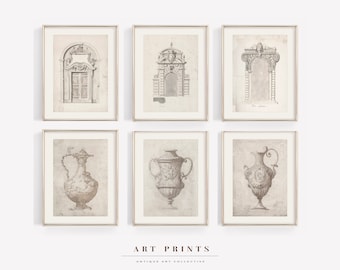 May include: Set of six antique-style prints featuring architectural drawings of doorways and vases. The prints are in black and white and have a vintage aesthetic.