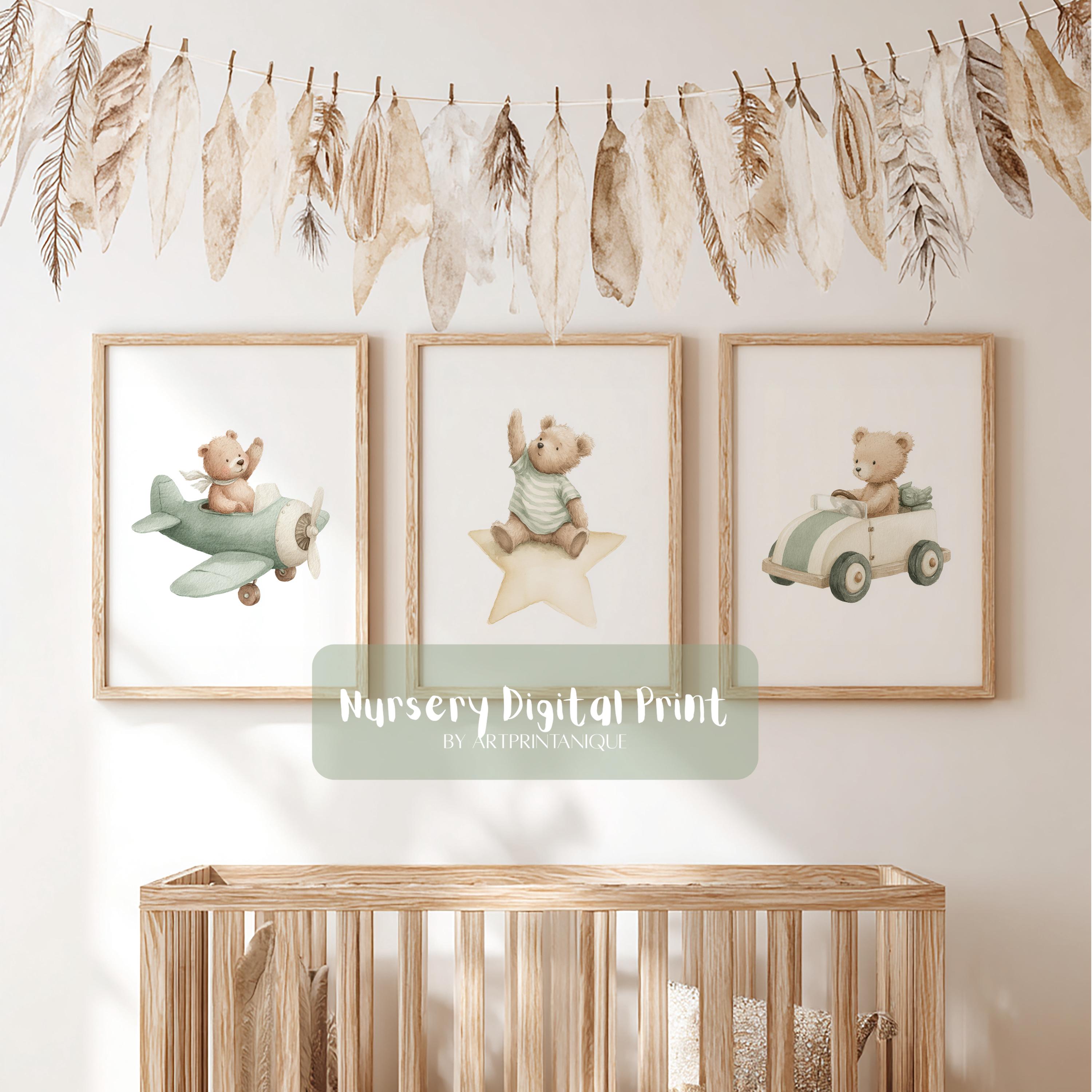 Set of 3 Green Teddy Bear Nursery Wall Art Prints | Aviator Teddy Bear ...