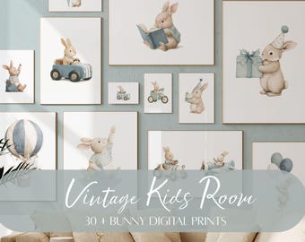 Boys Nursery Wall Art Bundle Blue Bunny Prints,Adventure-Themed Boys Room Decor, Animal Prints, Boys Bedroom Wall Art, Digital Prints | 97