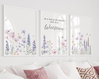 Set of 3 Wildflowers Nursery Prints |Floral Nursery Decor| Watercolor Flower Boho Girls Nursery 'In a Field of Roses she is a Wildflower|25