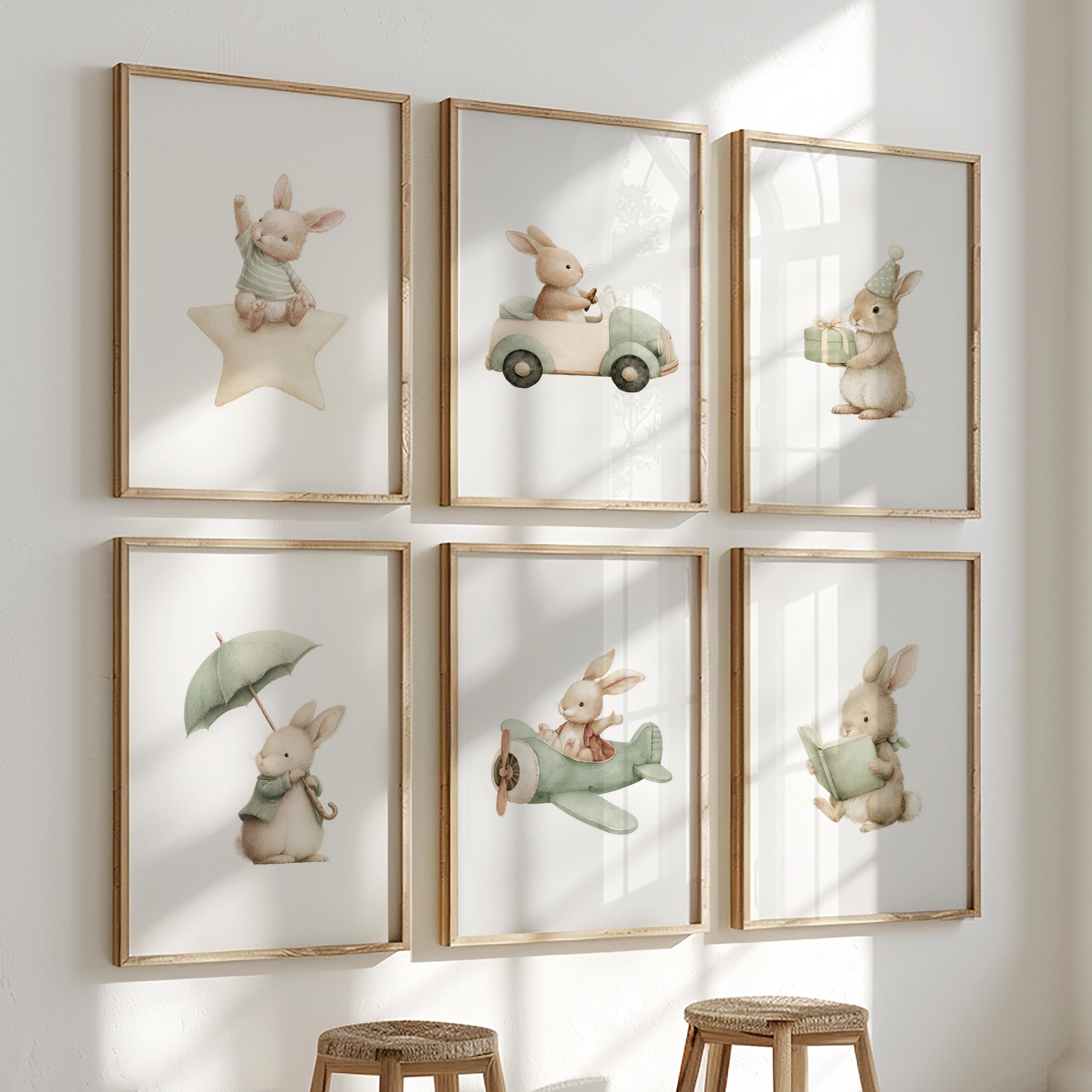 Set of 6 Green Bunny Nursery Wall Art Print|vintage Bunny Nursery Decor ...