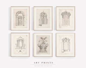 May include: Set of six antique-style art prints featuring black and white architectural drawings of ornate doorways and arches. The prints are framed in silver frames and have a vintage aesthetic.