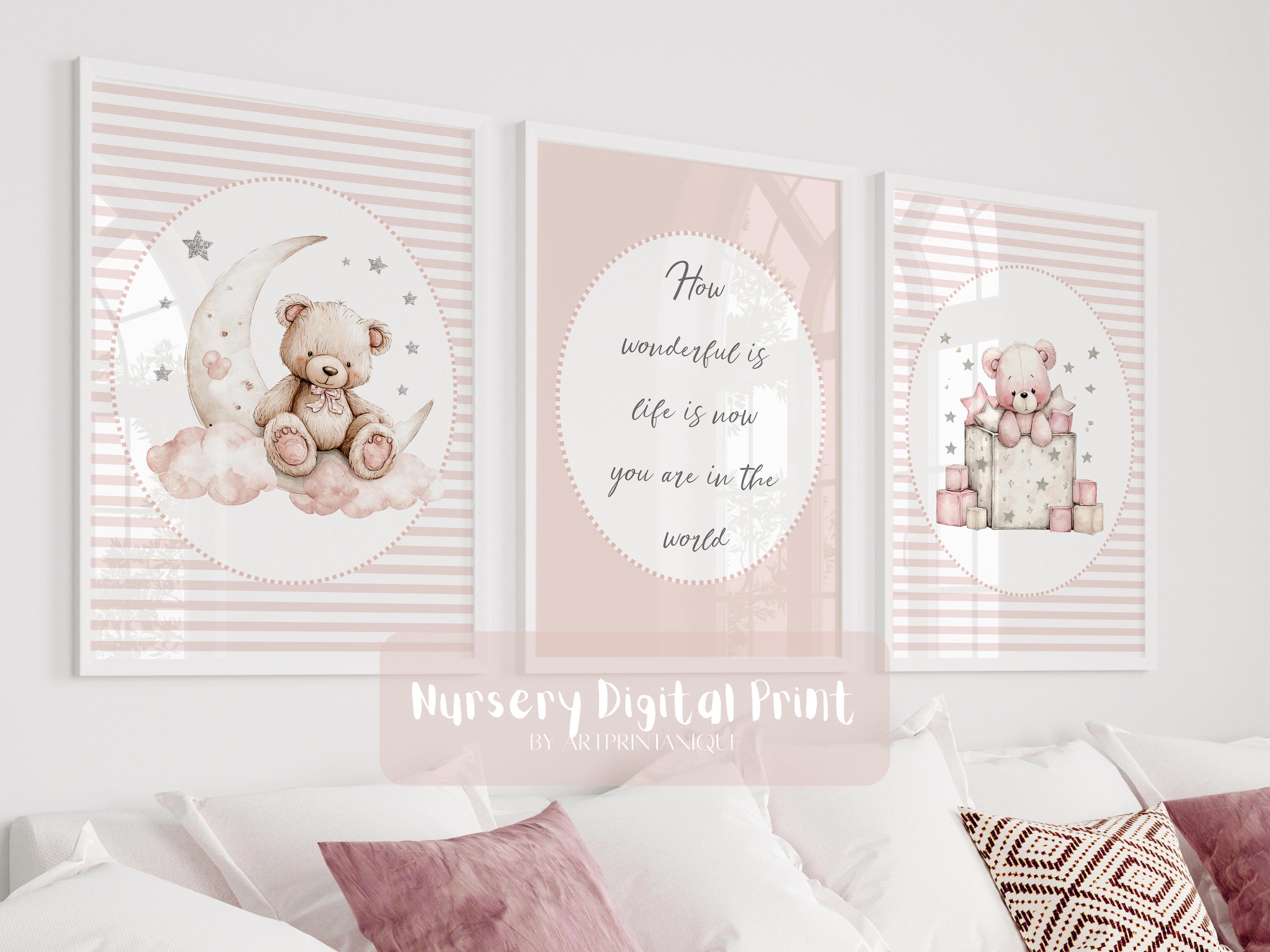 Set of 3 Vintage Teddy Bear Nursery Wall Art Print | Pink Nursery Print ...
