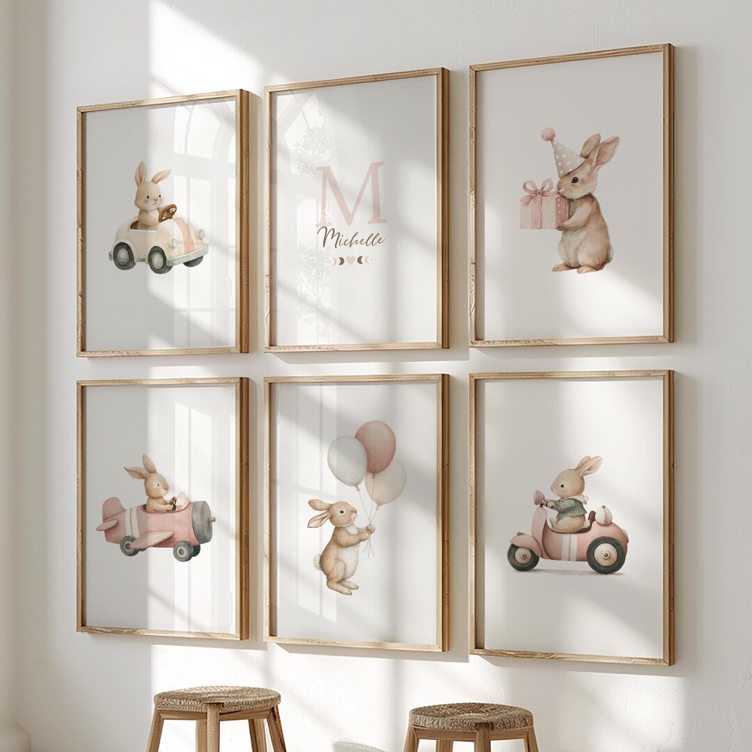 Set of 6 Bunny Custom Nursery Wall Art Print| Personalized Name Pink ...