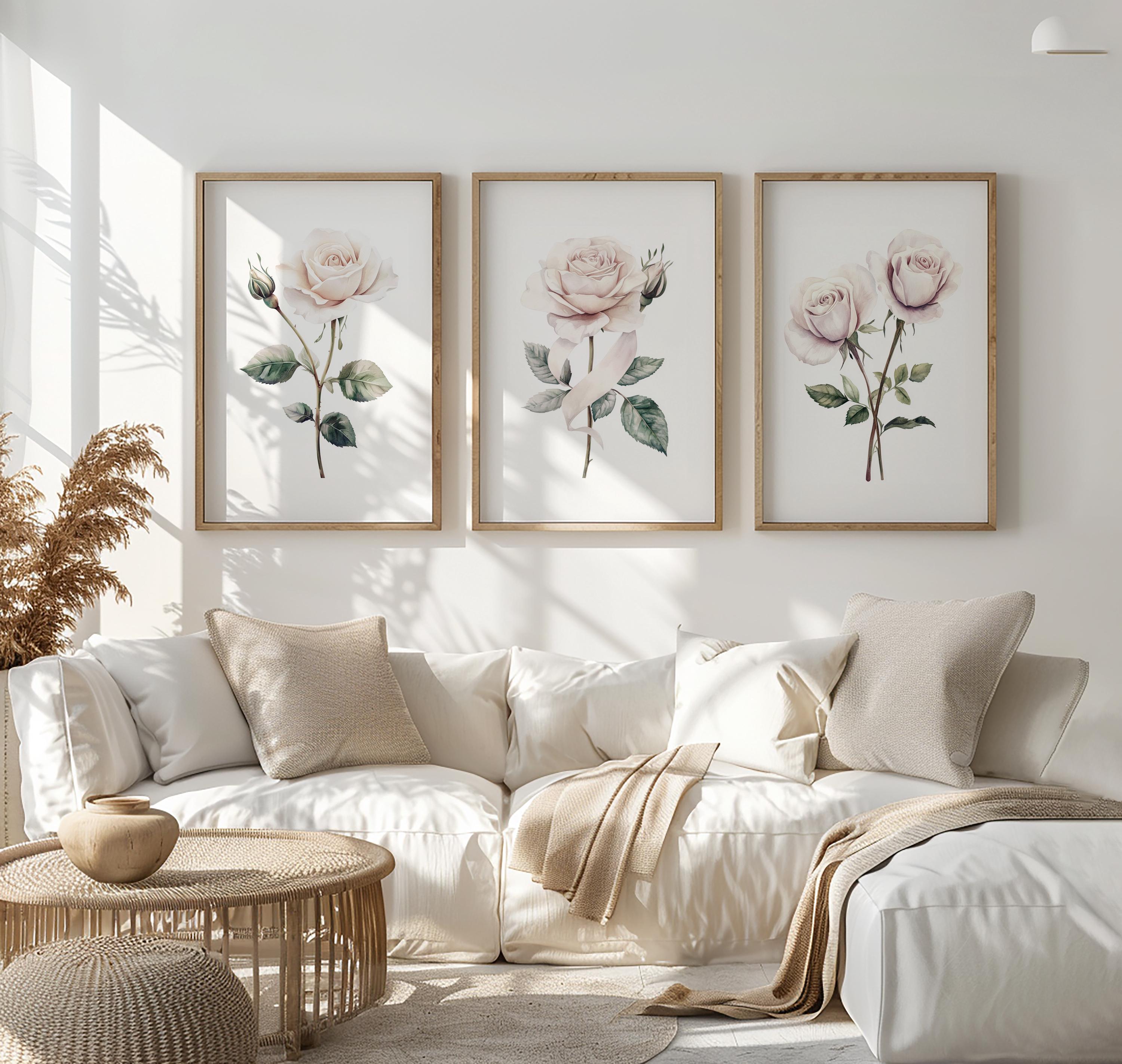 Set of 3 Cream Roses Minimalist Watercolor Wall Art Prints| Living Room ...