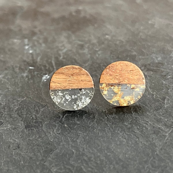 Ohrstecker aus Holz mit Resin 15mm Silber - Gold Flakes