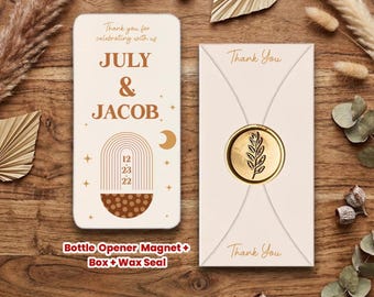 Bohemian Themed Personalized Bottle Opener Magnet Wedding Favor – Custom UV Printed Guest Gift with Box & Wax Seal