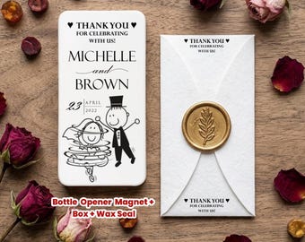 Character Drawing, Animation Themed, Personalized Bottle Opener Magnet Wedding Favor – Custom UV Printed Guest Gift with Box & Wax Seal