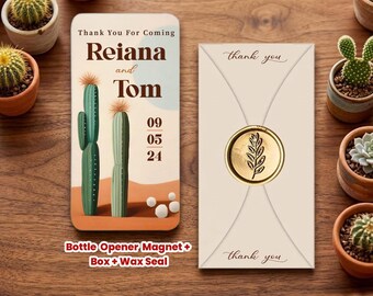 Cactus Themed, Personalized Bottle Opener Magnet Wedding Favor – Custom UV Printed Guest Gift with Box & Wax Seal