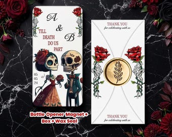 Till Death Do Us Part, Skeleton Themed, Personalized Bottle Opener Magnet Wedding Favor – Custom UV Printed Guest Gift with Box & Wax Seal