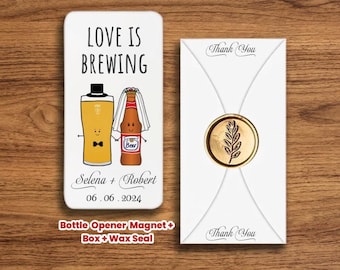 Champagne, Beer, Cheers Themed Personalized Bottle Opener Magnet Wedding Favor – Custom UV Printed Guest Gift with Box & Wax Seal