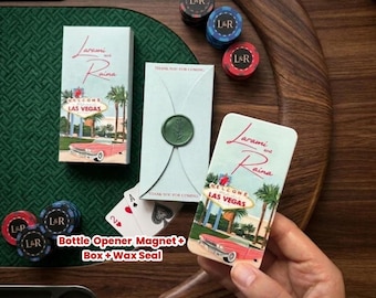 Las Vegas Themed ,  Personalized Bottle Opener Magnet Wedding Favor – Custom UV Printed Guest Gift with Box & Wax Seal