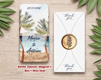 Palm, Sea, Beach Themed Personalized Bottle Opener Magnet Wedding Favor – Custom UV Printed Guest Gift with Box & Wax Seal