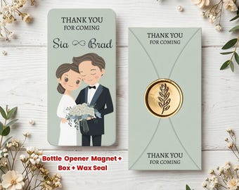 Animated Character Themed,  Personalized Bottle Opener Magnet Wedding Favor – Custom UV Printed Guest Gift with Box & Wax Seal