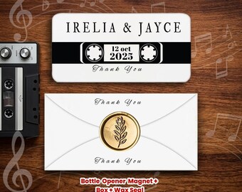 Cassette Themed ,  Personalized Bottle Opener Magnet Wedding Favor – Custom UV Printed Guest Gift with Box & Wax Seal
