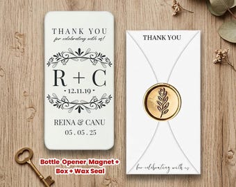 Monogram Themed ,  Personalized Bottle Opener Magnet Wedding Favor – Custom UV Printed Guest Gift with Box & Wax Seal