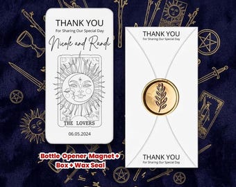 Tarot Themed ,  Personalized Bottle Opener Magnet Wedding Favor – Custom UV Printed Guest Gift with Box & Wax Seal