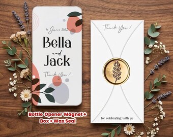 Minimalist Designs, Personalized Bottle Opener Magnet Wedding Favor – Custom UV Printed Guest Gift with Box & Wax Seal