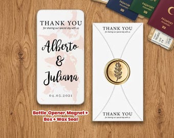 Travel, Passport Themed ,  Personalized Bottle Opener Magnet Wedding Favor – Custom UV Printed Guest Gift with Box & Wax Seal