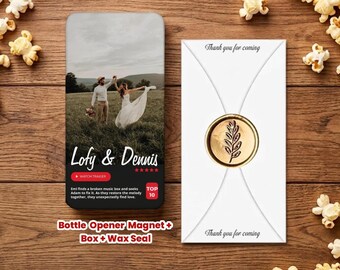 Movie  Themed Personalized Bottle Opener Magnet Wedding Favor – Custom UV Printed Guest Gift with Box & Wax Seal