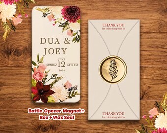 Burgundy Color Themed ,  Personalized Bottle Opener Magnet Wedding Favor – Custom UV Printed Guest Gift with Box & Wax Seal