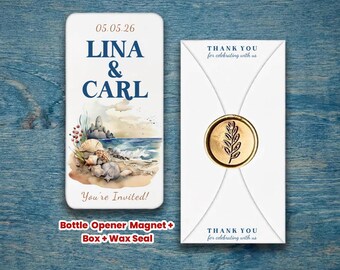 Sea Themed, Personalized Bottle Opener Magnet Wedding Favor – Custom UV Printed Guest Gift with Box & Wax Seal