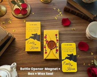 Beauty and the Beast Themed, Personalized Bottle Opener Magnet Wedding Favor – Custom UV Printed Guest Gift with Box & Wax Seal