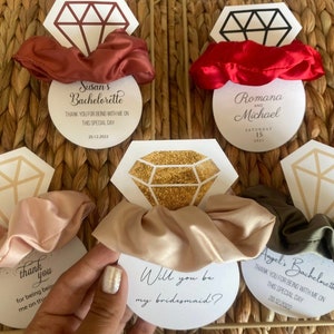 Personalized Bridesmaid Scrunchies, Gift For Her Bachelorette Party,Matron Of Honor, Diamond Card Tag Scrunchies