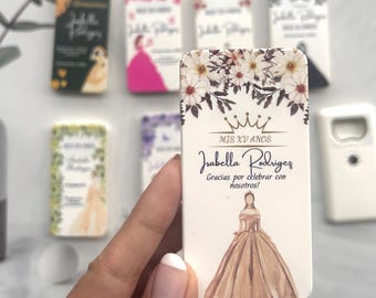 Gepersonaliseerde flesopenermagneet voor Quinceañera, 15 feestbedankjes