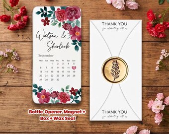 Calendar Themed ,  Personalized Bottle Opener Magnet Wedding Favor – Custom UV Printed Guest Gift with Box & Wax Seal