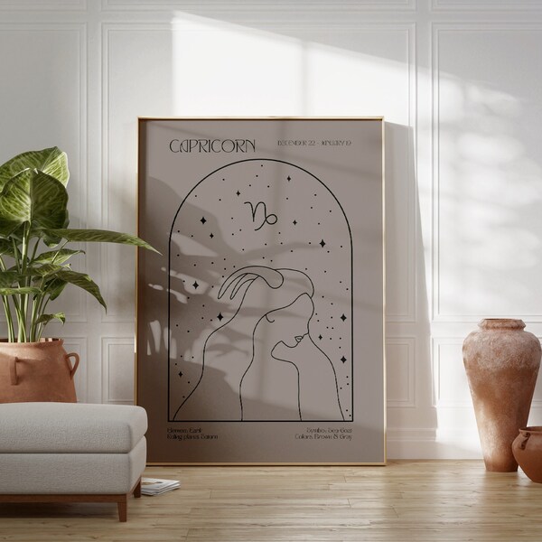 Capricorn Zodiac Poster, Capricorn Star Sign Print, Zodiac Sign, Zodiac Gift, Astrology Wall Art, Line Art Print, Digital Download