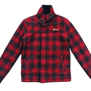 May include: Red and black checked jacket with a zip fastening and a small embroidered logo that says "Red Label".