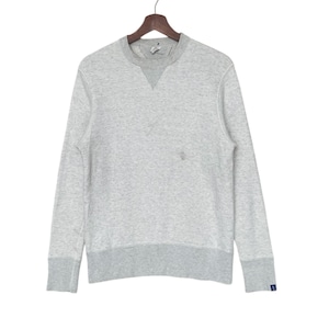May include: A gray crew neck sweatshirt with long sleeves. The sweatshirt has a ribbed hem and cuffs.