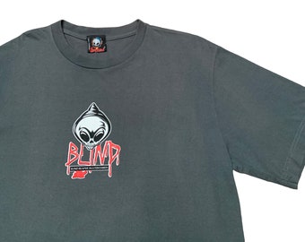 T-shirt Vintage Années 90 Blind Skateboards - Taille L - Occasion Très Bon état - Logo Imprimé Gris