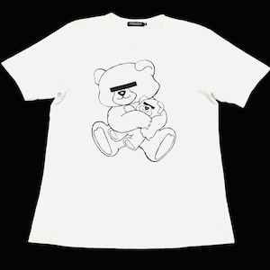 May include: White t-shirt with a black and white graphic of a teddy bear holding a smaller teddy bear. The larger bear has a black band over its eyes.