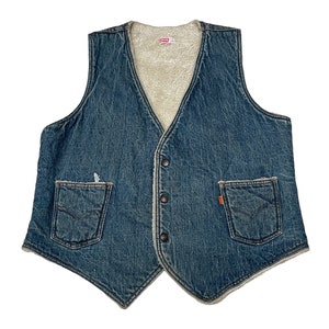 Può includere: Un giubbotto di jeans blu con fodera in sherpa. Il giubbotto ha una chiusura con bottoni e due tasche anteriori.