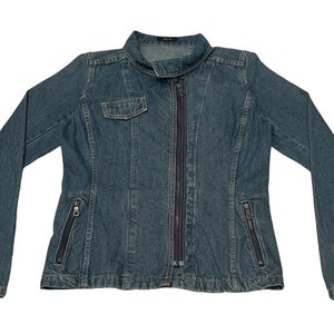 May include: A blue denim jacket with a zip fastening and multiple pockets. The jacket has a stand-up collar and long sleeves.