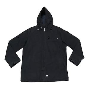 May include: A black hooded jacket with a zipper closure and a large pocket on the front.