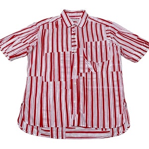 May include: A red and white striped short-sleeved button-down shirt with a patch pocket on the left side.