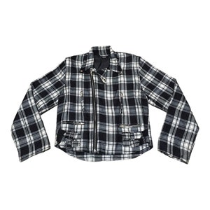 May include: Black and white plaid jacket with a zipper closure and multiple pockets. The jacket has a cropped length and long sleeves.
