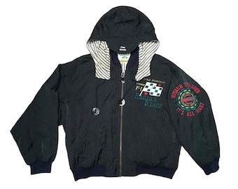 May include: A black hooded jacket with a zipper closure. The jacket has a white and black striped lining on the hood. The jacket has embroidered text that says "Superior Technique" and "It's All Right". The jacket also has a logo that says "F1 Racing Staff".