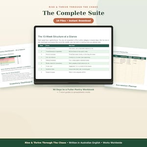 May include: A digital product suite titled Rise & Thrive Through The Chaos, featuring 10 instant download files. The main display shows a 13-week pantry structure table, an inventory dashboard, and a succession planting plan for organized food storage.