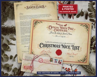 Pre-Written Letter from Santa, Just Add the Name, Blank Nice List Certificate with Red Seal and Envelope, Printed and Posted