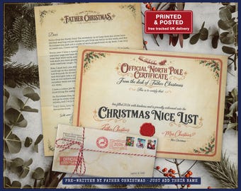Pre-Written Letter from Father Christmas, Just Add the Name, Blank Nice List Certificate with Red Seal and Envelope, Printed and Posted