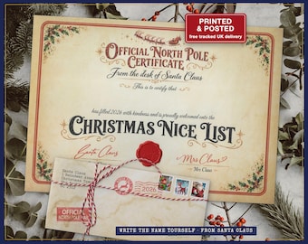 Blank Santa Nice List Certificate to Fill In, Write the Name Yourself, Red Seal and Envelope, Printed and Posted