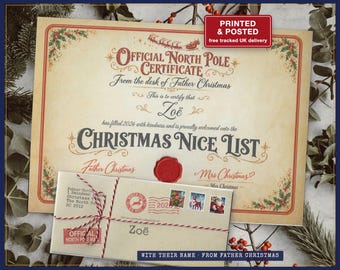Personalised Father Christmas Nice List Certificate 2026 with Red Seal and Named Envelope, Printed and Posted