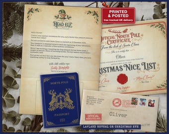 Lapland Reveal or Christmas Eve Letter: North Pole Passport, Personalised Elf Letter and Nice List Certificate