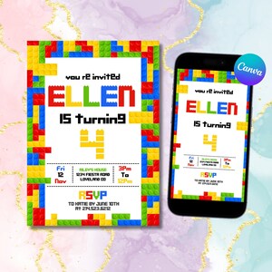 Fully Editable Bricks Birthday Invitation: Digital Canva Template & Mobile Version