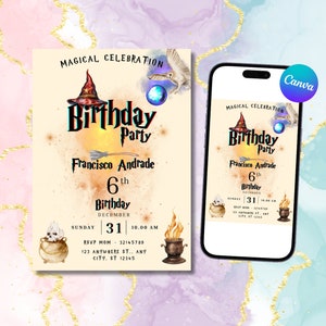 Digital Canva Fully Editable Wizard Birthday Invitation Letter and Mobile Version (Includes a Mystery Free Gift)