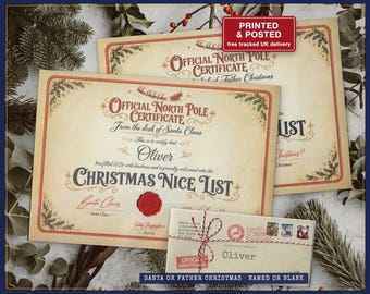 Christmas Nice List Certificate from Santa or Father Christmas, Personalised or Blank, Red Seal, Printed and Posted